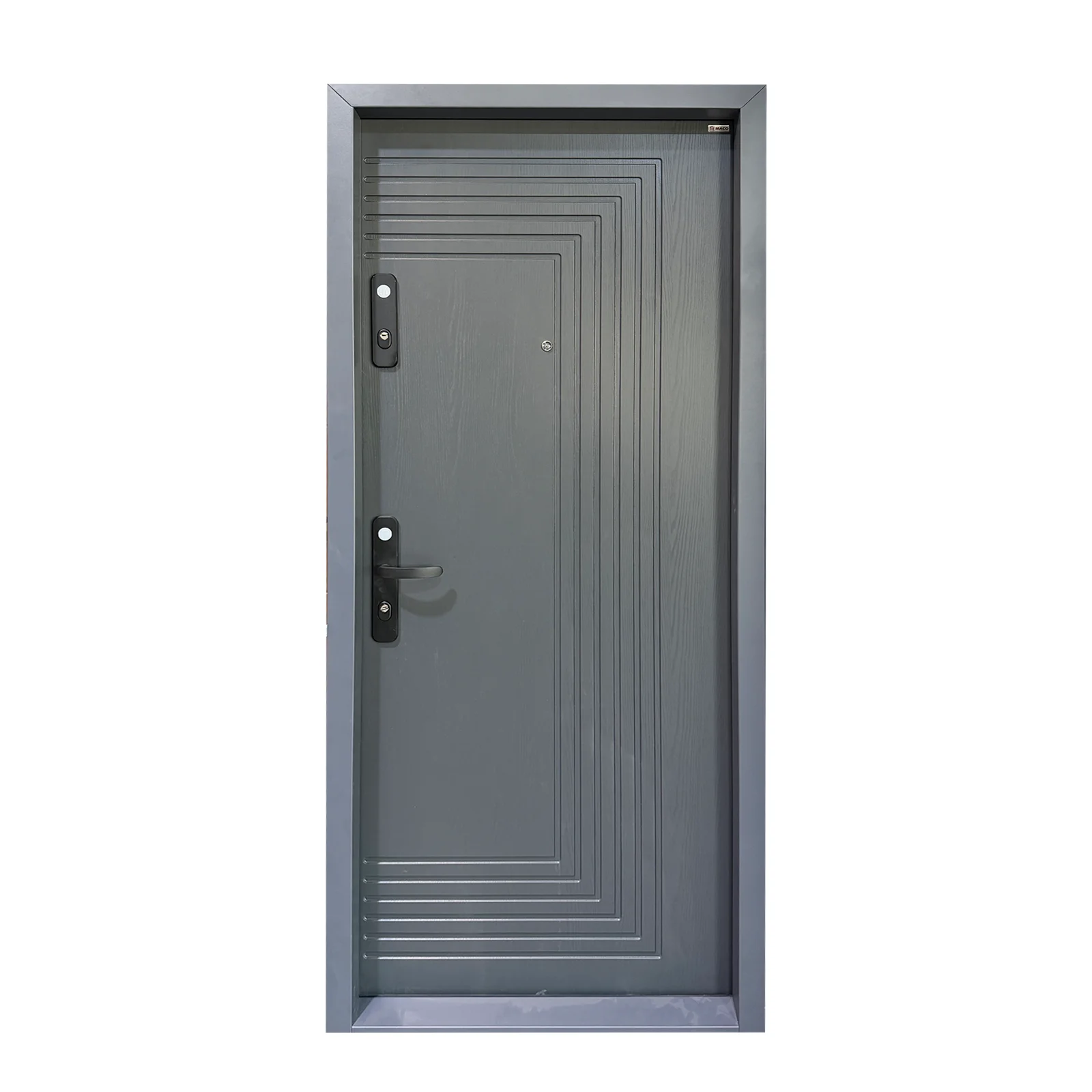 usa metalica maco apartament gri lemn sigura Usa metalica de apartament Maco U19 Gri Inchis Monoblock Shield