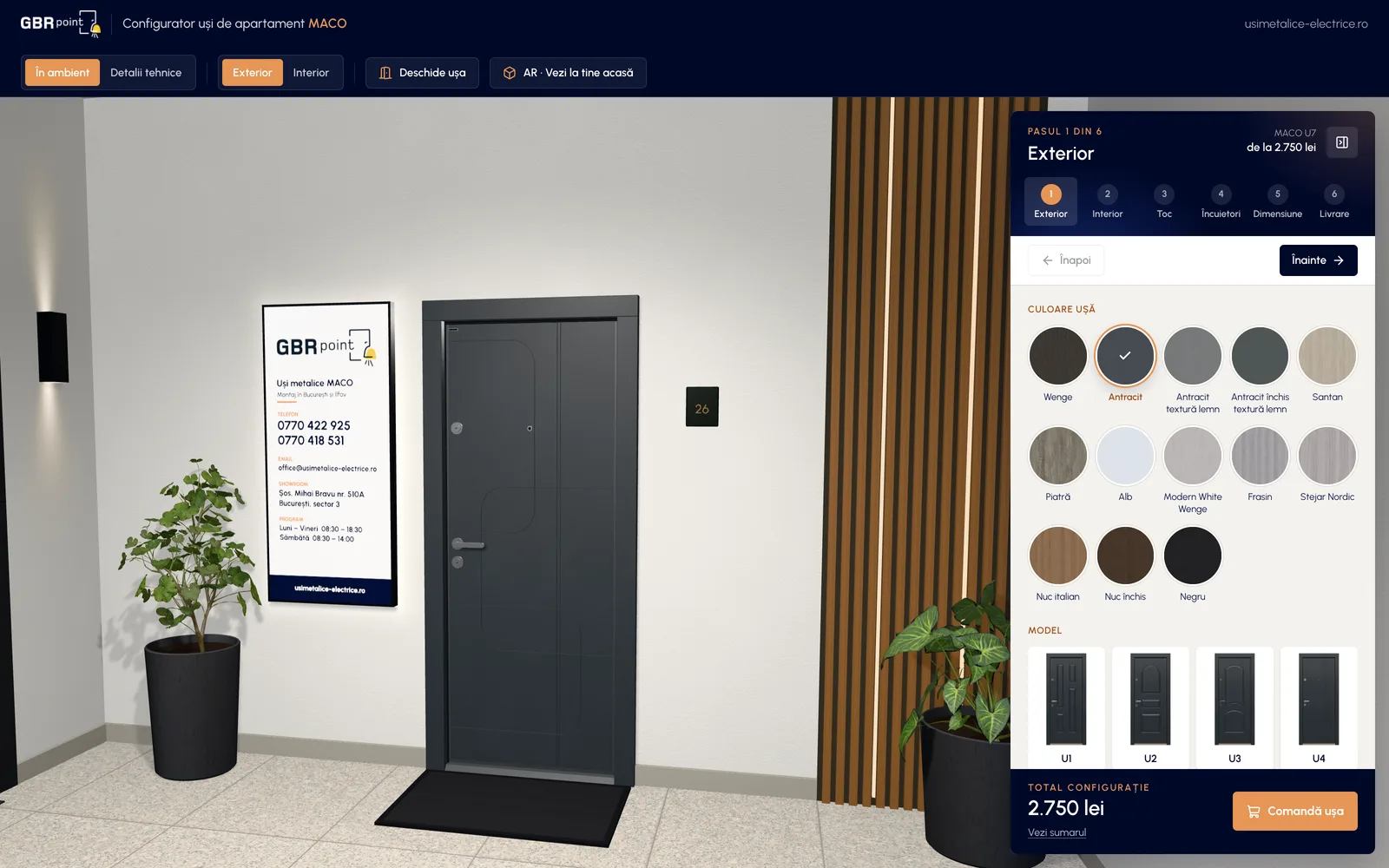 Configuratorul 3D GBR Point: ușă metalică MACO U7 antracit într-un hol de bloc, cu opțiunile de culoare și model